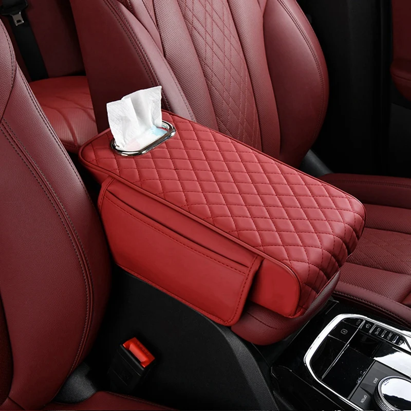 Car Armrest Cover PU Leather With Tissue Storage Memory Foam Height Pad Auto Center Armrest Protective Cushion Support