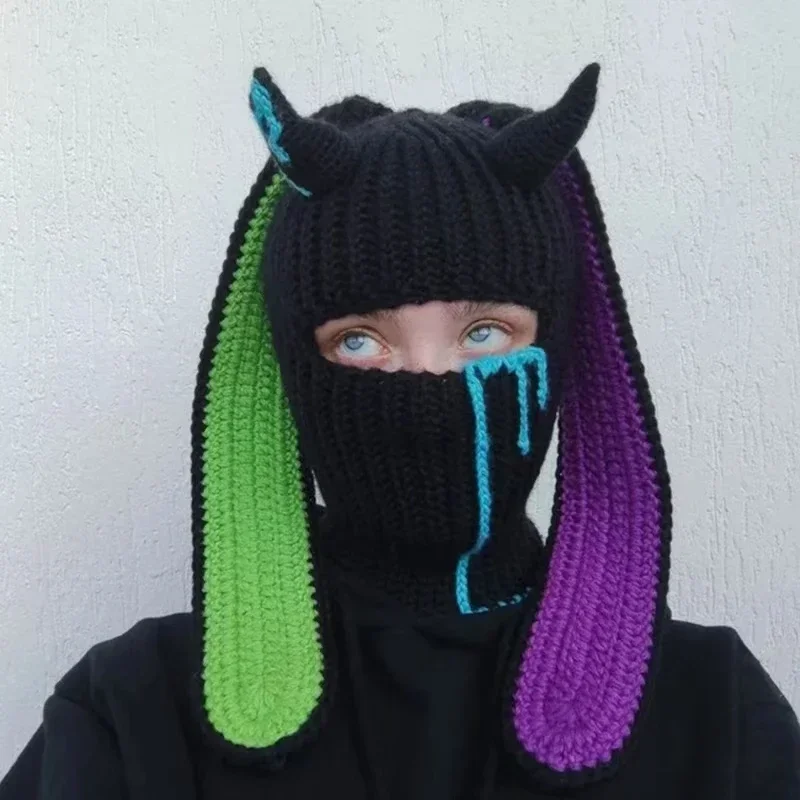 للجنسين دليل متماسكة قبعة هالوين الشيطان القرن 1 حفرة بالاكلافا Y2K خمر القوطية شتاء دافئ الرياح برهان قبعة قبعة