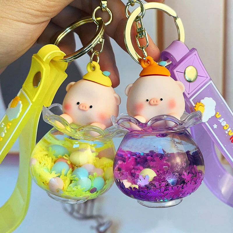 Cute Little Pig In Oil Quicksand Fish Tank Drift Bottle Keychain Female Cute Exquisite Bag Key Chain