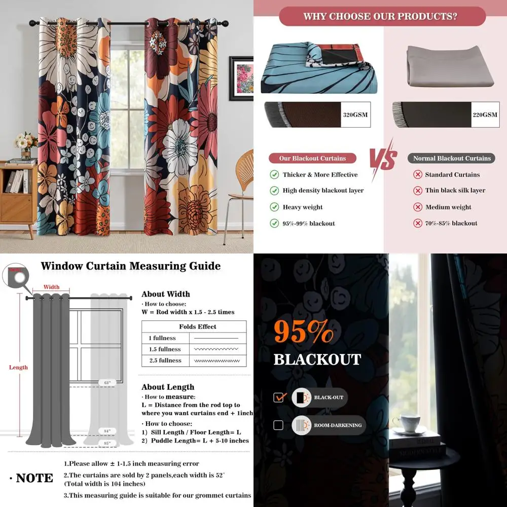 

Затемняющие шторы с цветочным принтом в стиле бохо, 84 дюйма для гостиной — термоизолированные, конфиденциальность и шумоподавление черного цвета