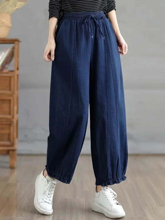 ファッショナブルなウェイドデニムパンツ、ハイウエストワイドレッグ、無地、スプライシング、バンジーコード、カジュアルルーズフィットジーンズ、プラスサイズ女性向け