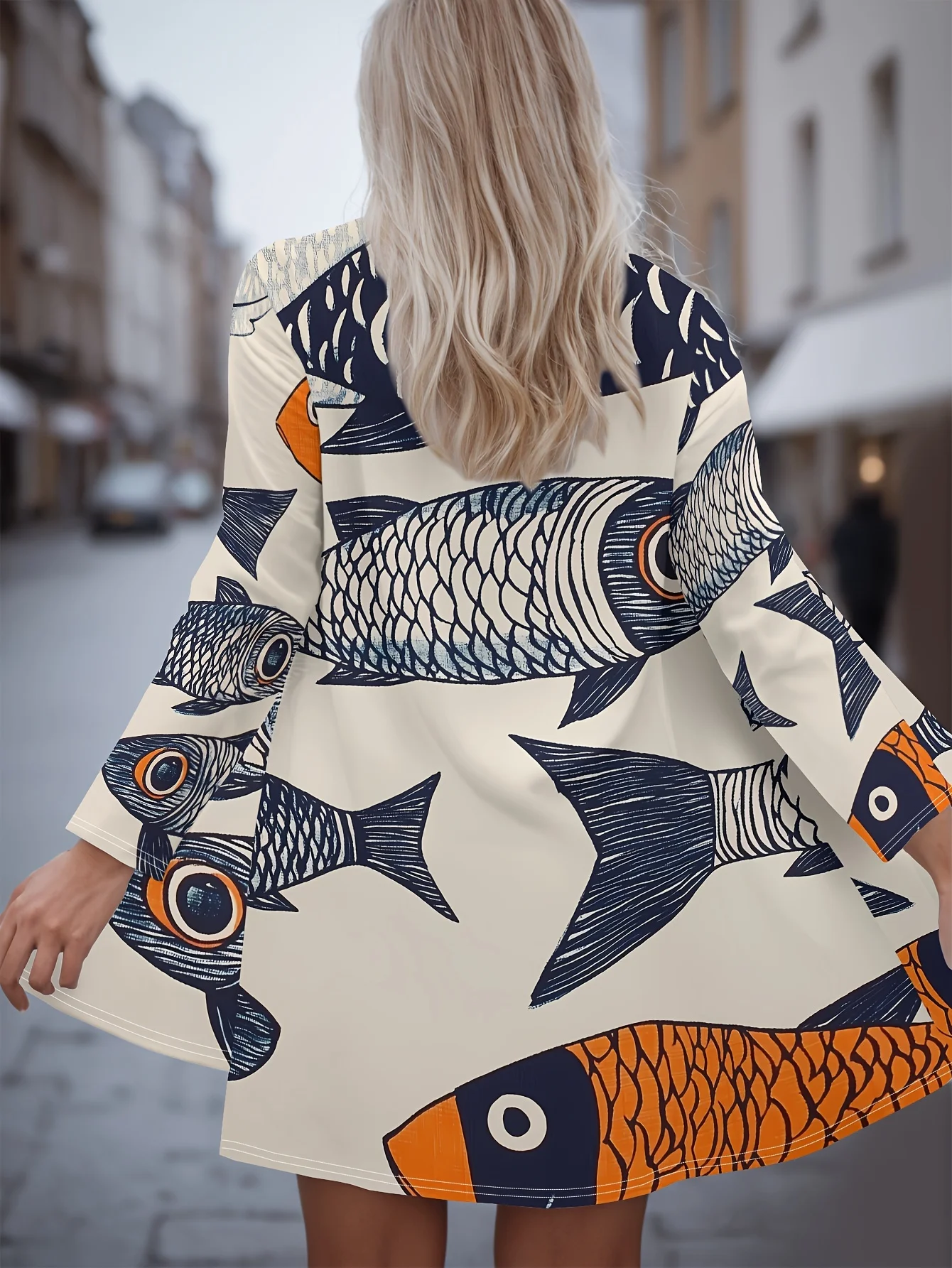 

Модный женский кардиган с длинными рукавами и принтом рыбы 2025 года, полиэстер с открытой передней частью, легкая накидка, весенне-осеннее повседневное пальто