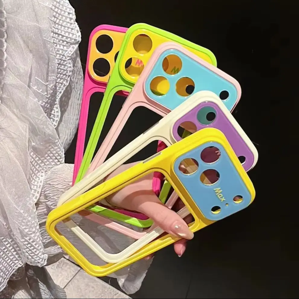 Advanced Leather Soft Dopamine Hit Color Border Phone Case For iPhone 18 17 16 15 14 13 Pro Max No Back Hollow Shockproof Cover