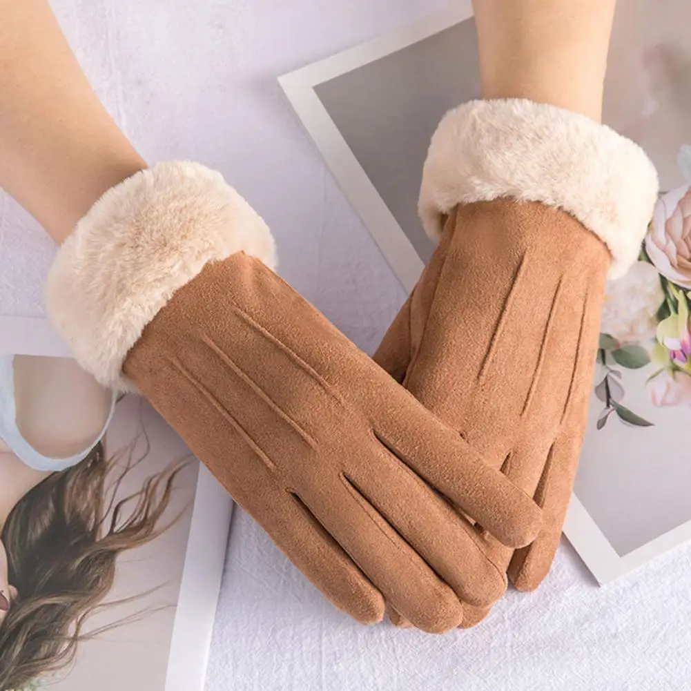 Plush Winter Women Gloves Full Finger Plush Lining Mittens Furry Warm Mitts Women Outdoor Sports Gloves Touchable Cycling Gloves