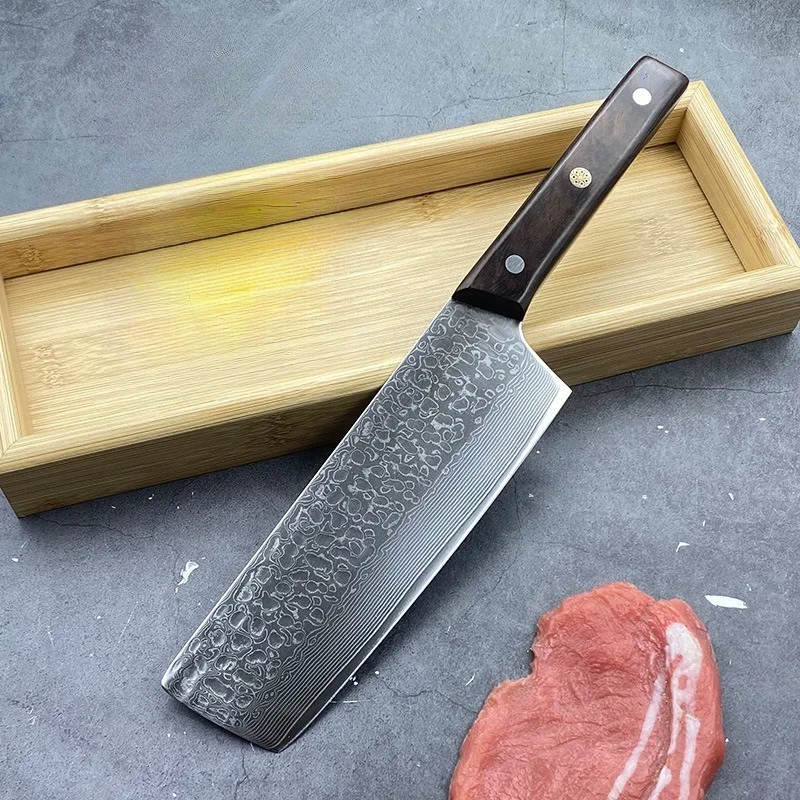 

RHON 6.7inch Forged Hammer Damascus Steel Blade Nakiri Knife Kitchen Utility Cooked Vegetable Fruit Cutting Knives Wooden Handle