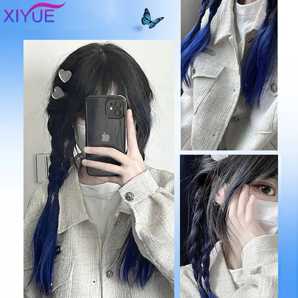 XIYUE Boxing Braid Tail Clip In Ponytail Hair Extension Heat Resistant Synthetic Natural Double Horse Tail Black Ombre Blue