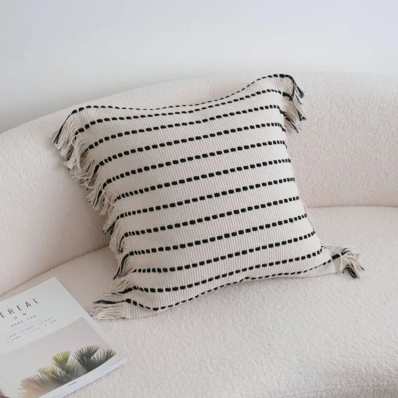 Wabi-sabi Style Linen Black Striped Lace Pillowcase Lumbar Pillow Case Sofa Cushion Cover Hotel Model Room Cushion Cover