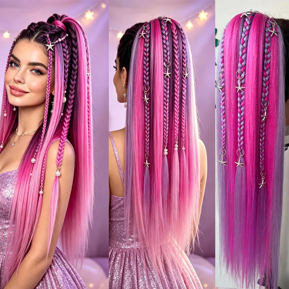 24 Inch Colorful Matte Synthetic Braided Ponytail Extension with Decorative Charms Elastic Hair Tie Boho Hair Piece for Women Fe