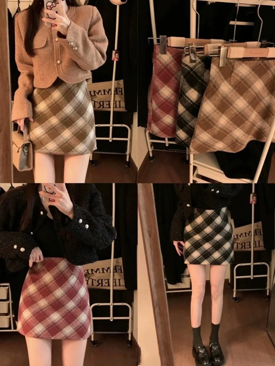 الرجعية منقوشة الصوفية تنورة المرأة عالية الخصر ألف خط ort تنورة الكورية Sle حجم كبير التخسيس تنورة الخريف وصول جديد #1