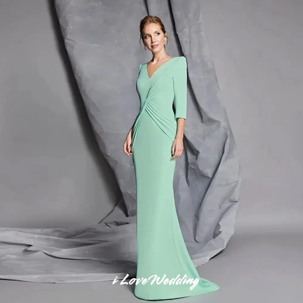 

Green V-Neck Evening Dress 2025 Satin 3/4 Sleeves Button Mermaid Floor-Length Sweep Train Pleated Wedding Party Dress Customized