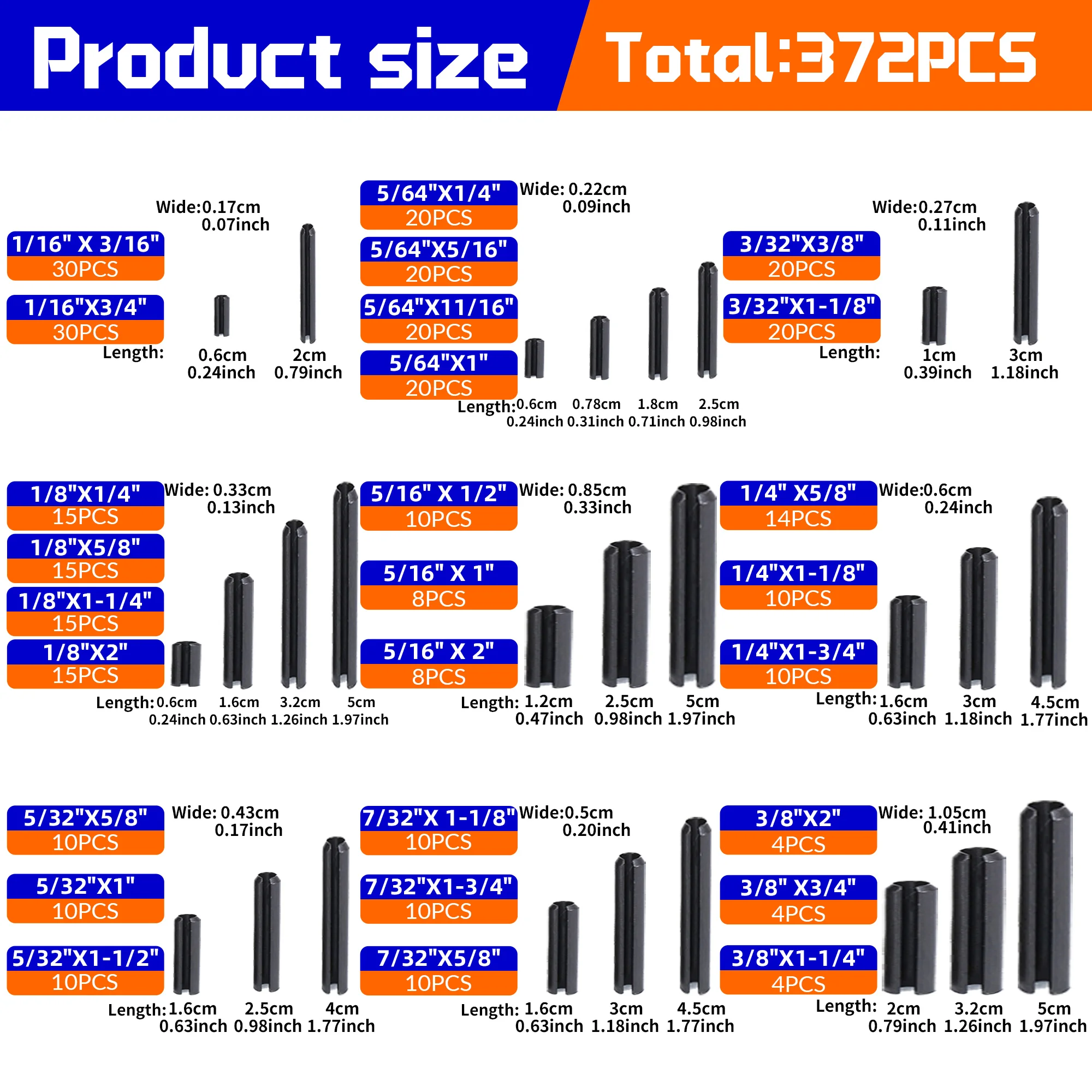 372Pcs Black SAE Elastic Spring Pins Kit 65Mn Steel Tension Pins Assortment Set Imperial Sizes for Machinery Repair Fasteners