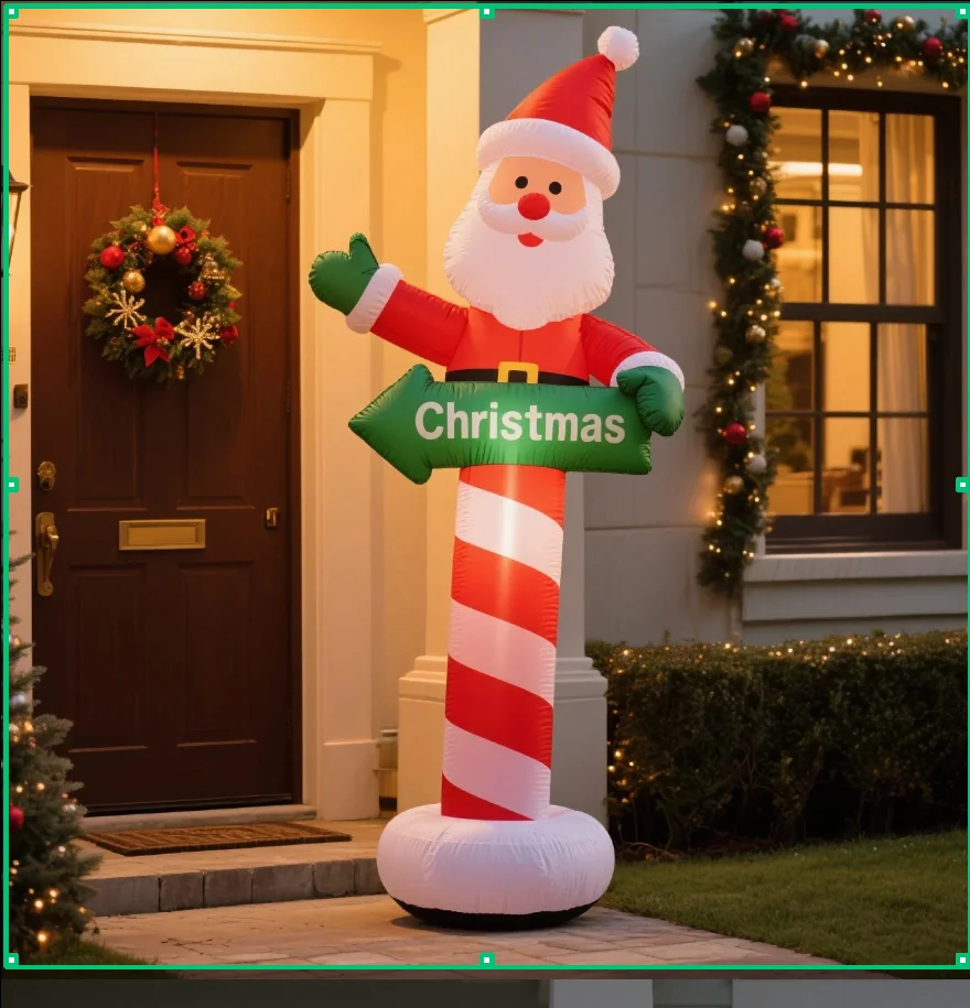 Inflatable Santa Candy Column Directional Sign Red Green Contrast with Light for Garden Terrace Christmas Festival Ambiance Prop