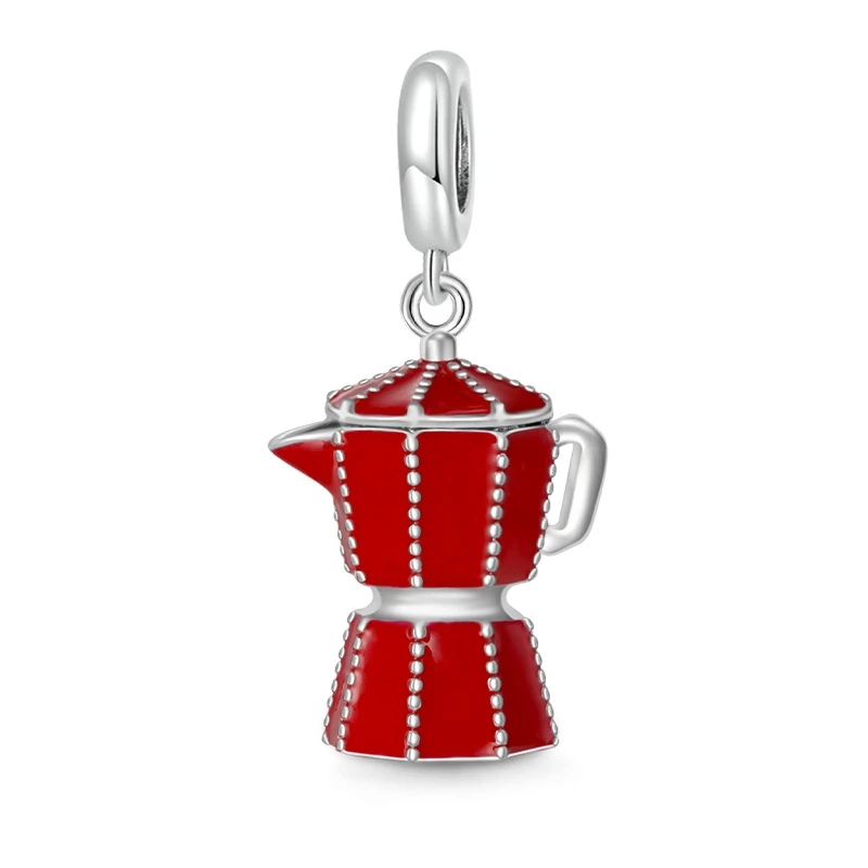 NEW Coffee Pot Pendant Fit Original 925 Sterling Silver Bracelet Red Coffee Pot,kettle,Imbue Diamond,Charm Bead DIY Jewelry Gift