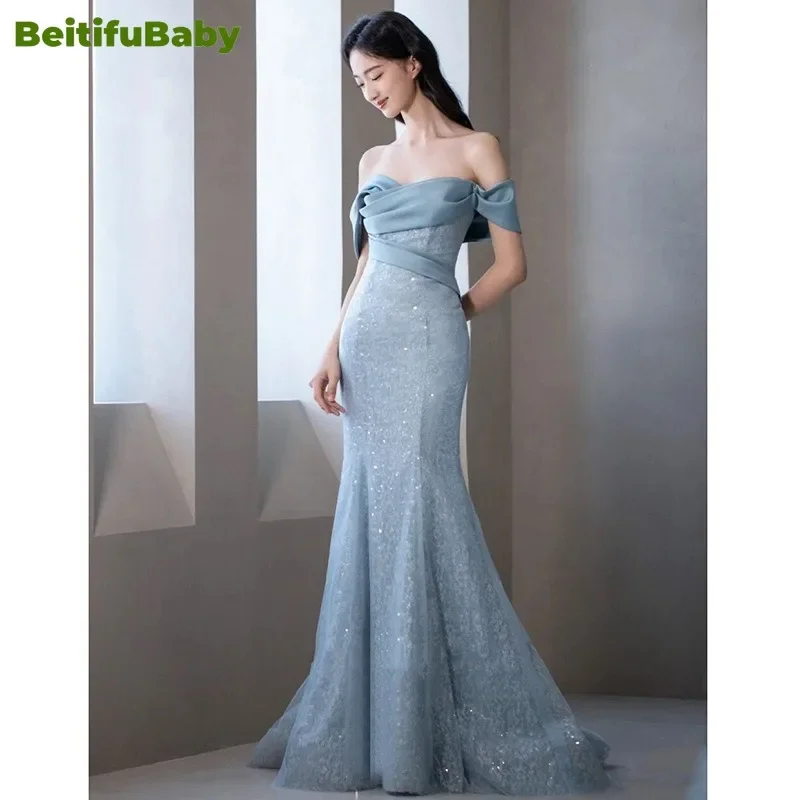 BeitifuBaby Palace Style Women\'s Evening Prom Dress 2024 Light Luxury Off The Shoulder Sleeveless Mermaid Banquet Formal Dresses