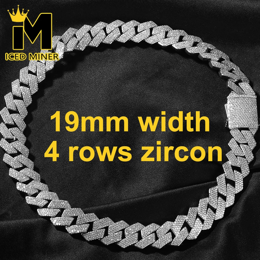 

19mm 4 Rows Square Iced Out Cuban Chain Necklaces for Men Women Bling Zircon Chain Hip Hop Goth Jewelry Free Shipping