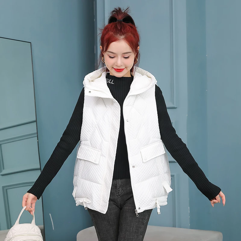 Women Waffle Embossed Hooded Puffer Vest Sleeveless Quilted Padded Waistcoat Loose Gilet  Warm Casual Outerwear Jacket