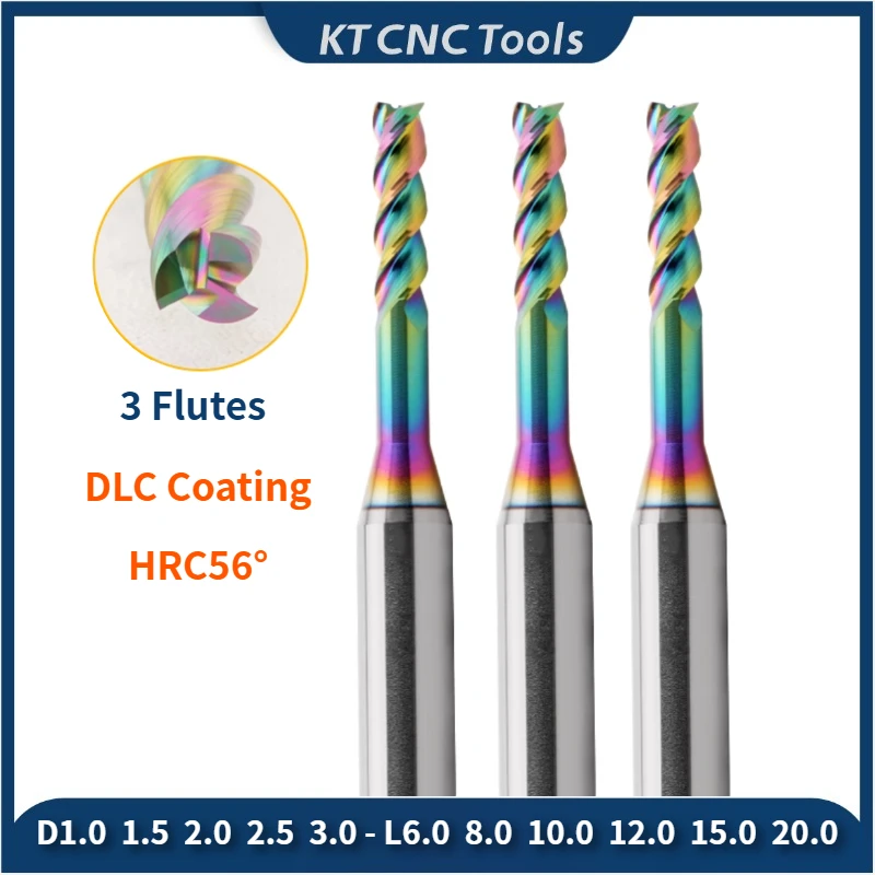 

Carbide End Mill HRC60 3Flute Tungsten Milling Cutter Cnc Router Long Flute Endmills 1mm 1.2mm 1.5mm 3mm Seven Colors for DLC