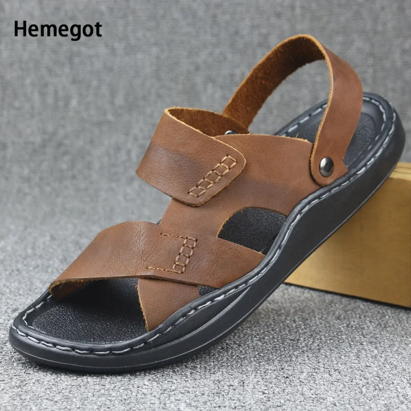 Men's Sandals Genuine Leather Beach Shoes Handmade Sandals and Slippers Top Layer Cowhide Outerwear Dual-Use Men's Slippers