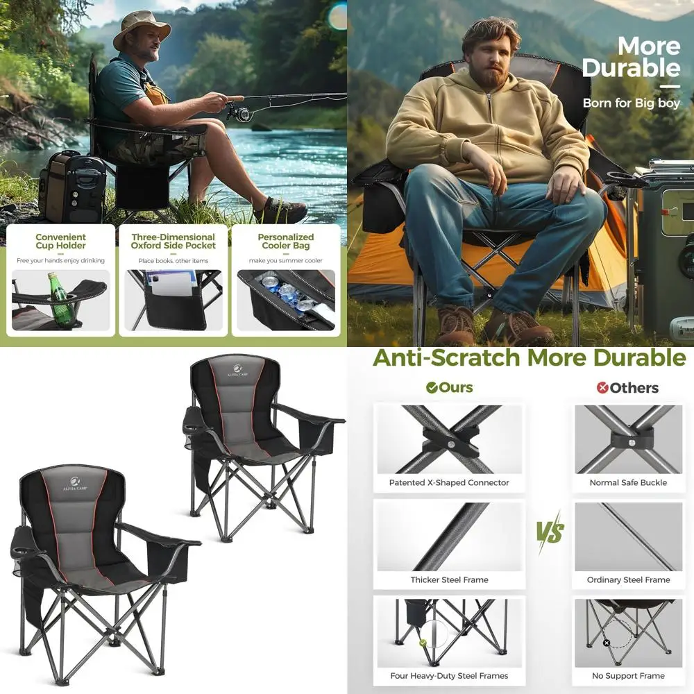 

Складное кресло для кемпинга увеличенного размера, сверхпрочное, выдерживает до 450 фунтов, со стальным каркасом, складное, с мягкими подлокотниками, подстаканником и поддержкой для поясницы