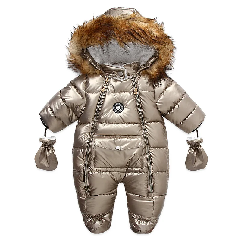 

RAISE Russia Winter Baby Boy Rompers Faux Fur Collar Hooded Newborn Girl Bodysuit Toddler Thicken Waterproof Snowsuit Outerwear