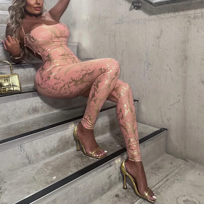 

Fashionable, Cool, Explosive Street Personality, Snake Pattern Hot Stamping Jumpsuit, Sexy Backless Waist Bag, Buttocks Big