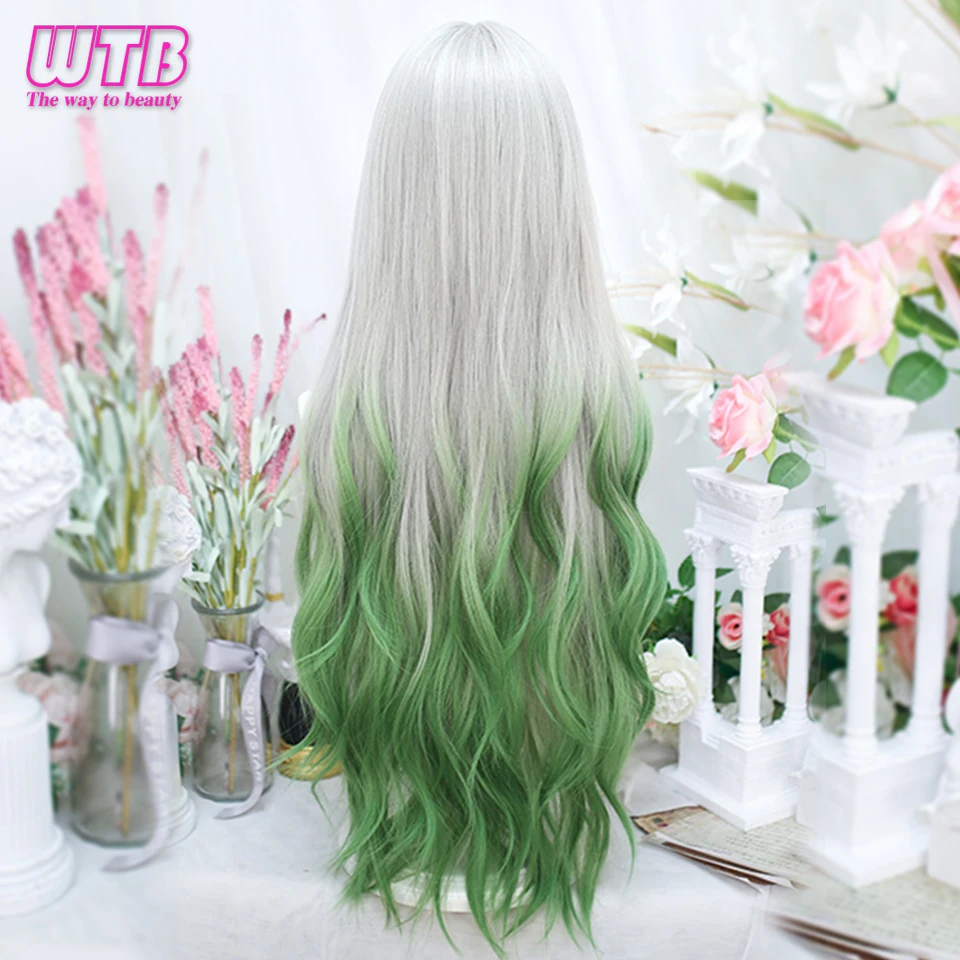 Women Synthetic Lolita Wig Long Wavy Curly Ombre Two Tone Silver Grey Green Hair For Cosplay With Bangs