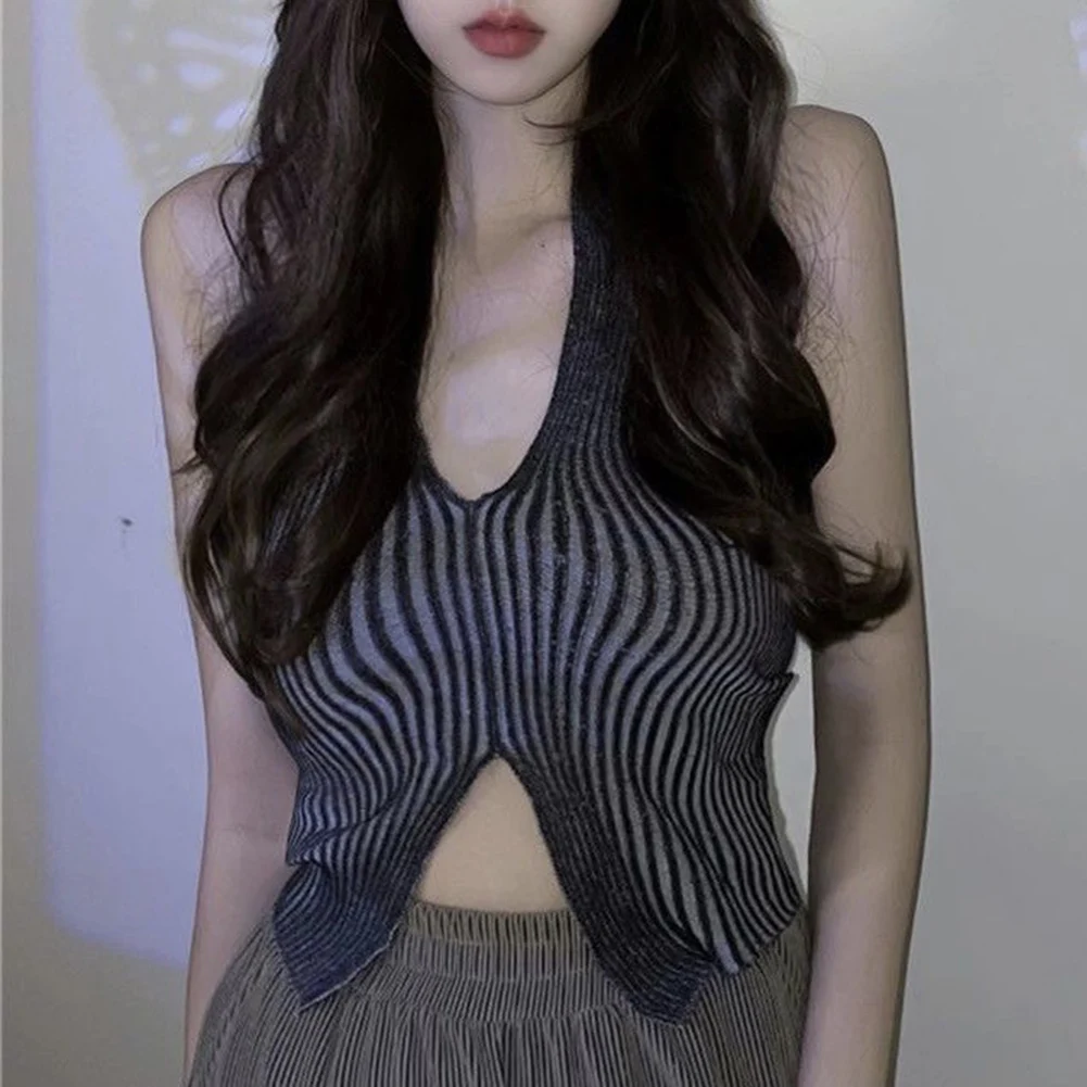 Women Y2K Tops Ribbed Tank Top Women Cropped Knitted Halter Tops Camis Tube Tops Summer Fashion Dark Button Design