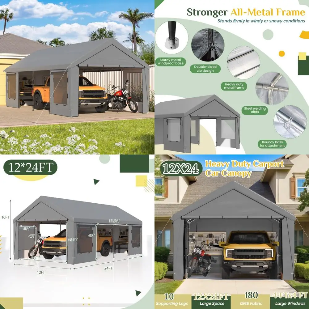 

12' x 24' heavy duty carport，portable garage with steel frame & uv protection, all-season car canopy with removable sidewalls,