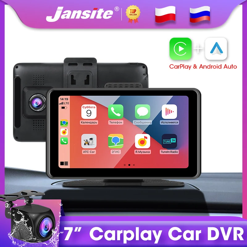 Jansite 7" Car DVR 2.5K Carplay Android Auto Dash cam 1080P Rear Camera Portable Car Stereo Dashboard Driving Recorder Bluetooth