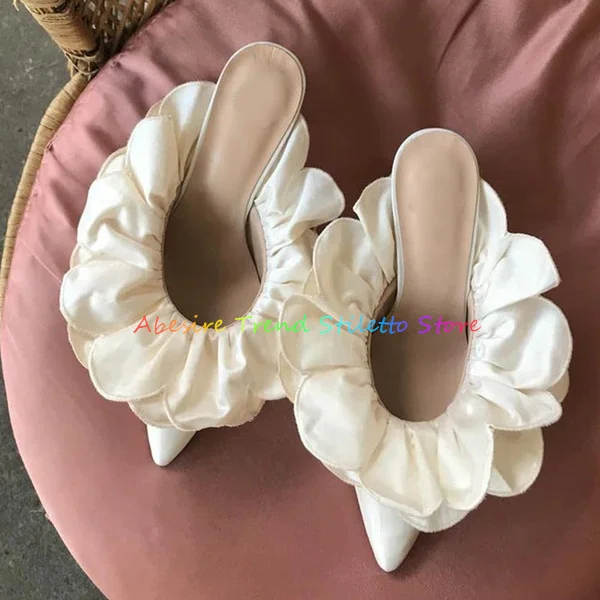 

Stain Flower High Heel Mules Women Pointy Stiletto Heel Solid Color Elegent Bridal Banquet Slippers Summer New Trendy Shoes