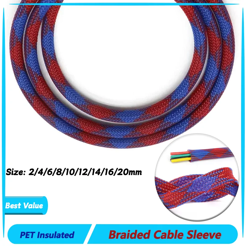 

Blue Red PET Braided Cable Sleeving 2/4/6/8/10/12/14/16/20mm Expandable High Density Insulated Line Protection Wire Wrap Sheath