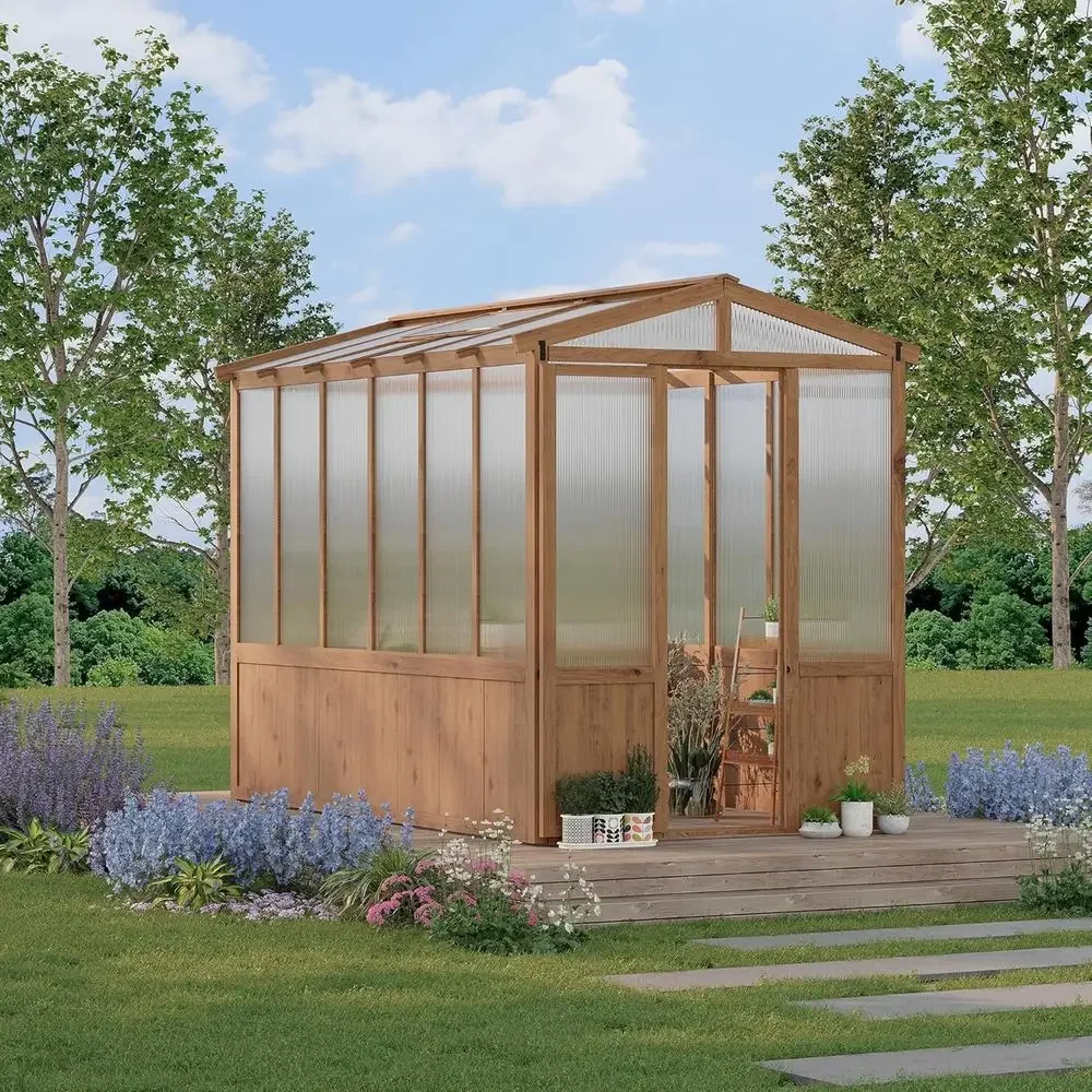 6x10ft Walk-In Wooden Greenhouse with 6mm Polycarbonate Panels