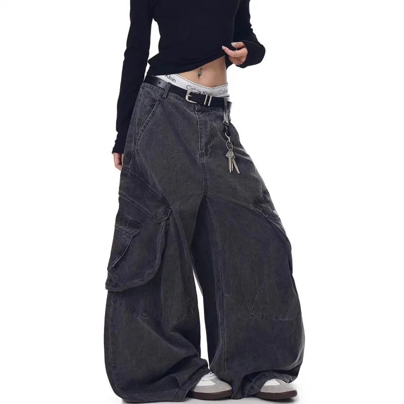 

Винтажные джинсы-карго для мужчин и женщин, джинсовые брюки с множеством карманов, свободный крой, прямые широкие штанины, уличная мода
