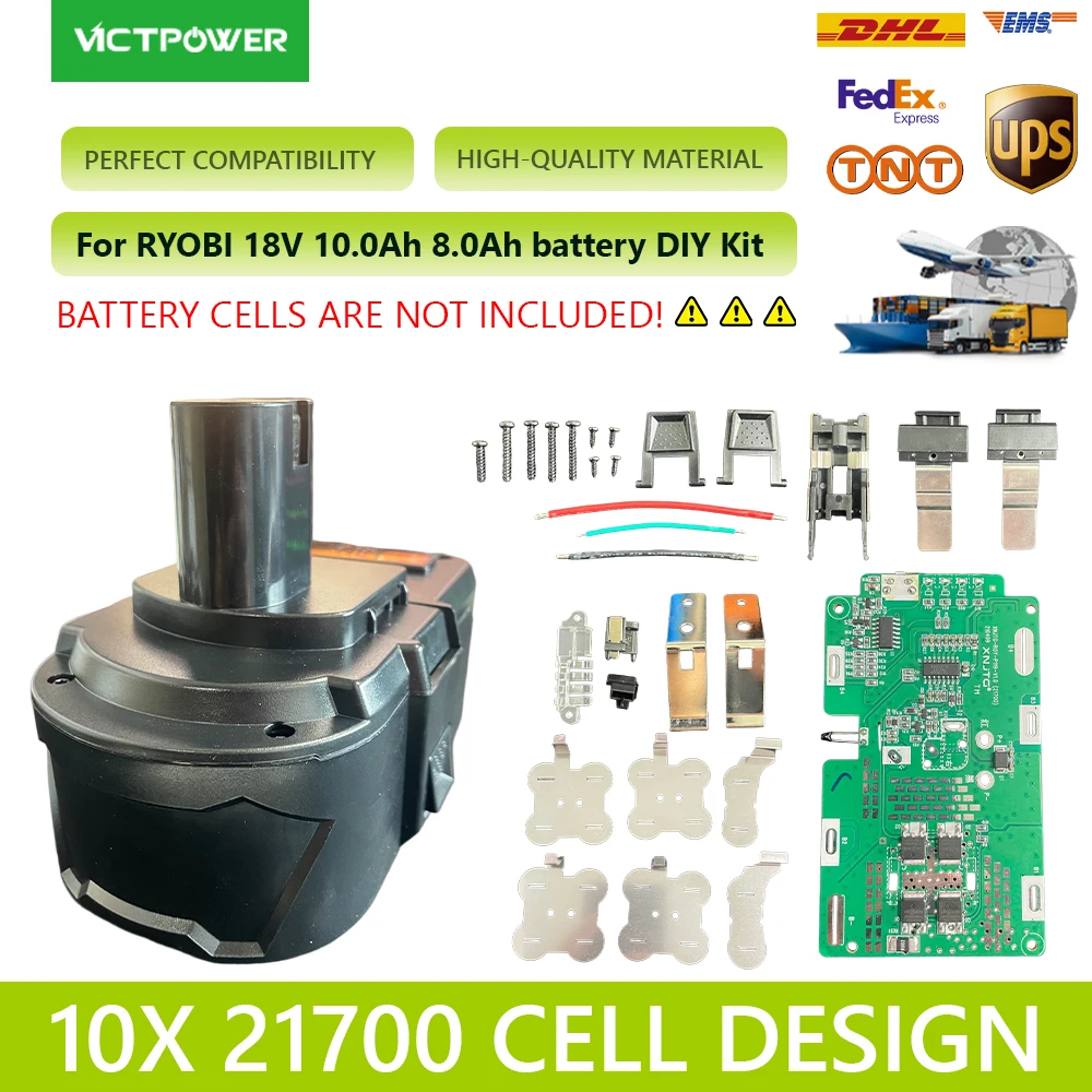 Victpower For Ryobi One+ Series P108 P107 P105 P109 18V10Ah 8Ah Li-ion Battery Plastic case 18V 21700*10 BMS PCB Board 10cell