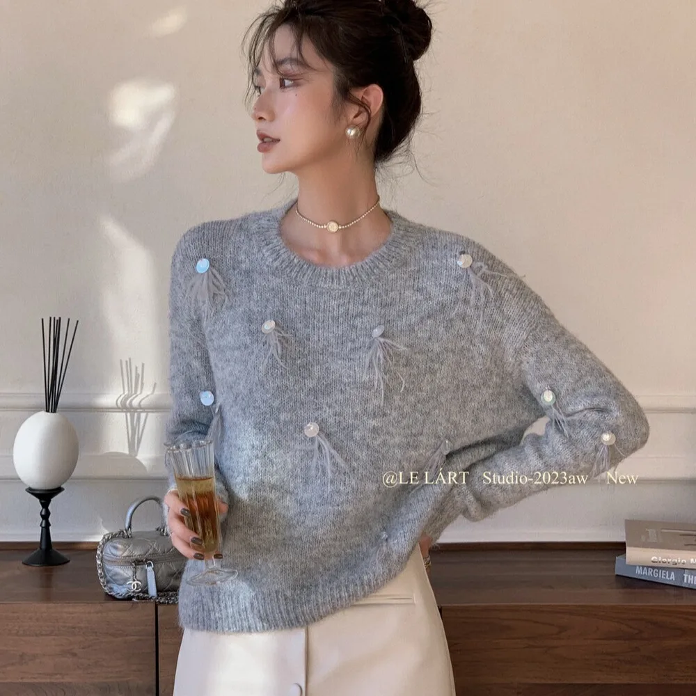 Autumn and Winter New Solid Color Sweater Niche Craft Sequins Tassel Round Neck Long Sleeve Temperament Knitwear Women