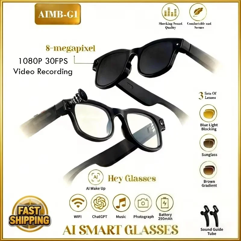 

Умные очки AIMB-G1 6K HD с ИИ-камерой, Bluetooth-звонками, голосовым помощником, музыкальным плеером, переводчиком, записью видео и поддержкой ChatGPT