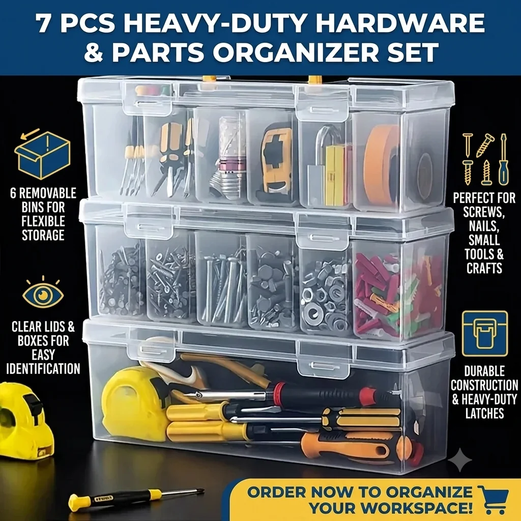 Tool Storage Box Clear Plastic Parts Organizer 7 Pcs Heavy Duty Hardware Case With 6 Removable Bins For Screws Nails Craft