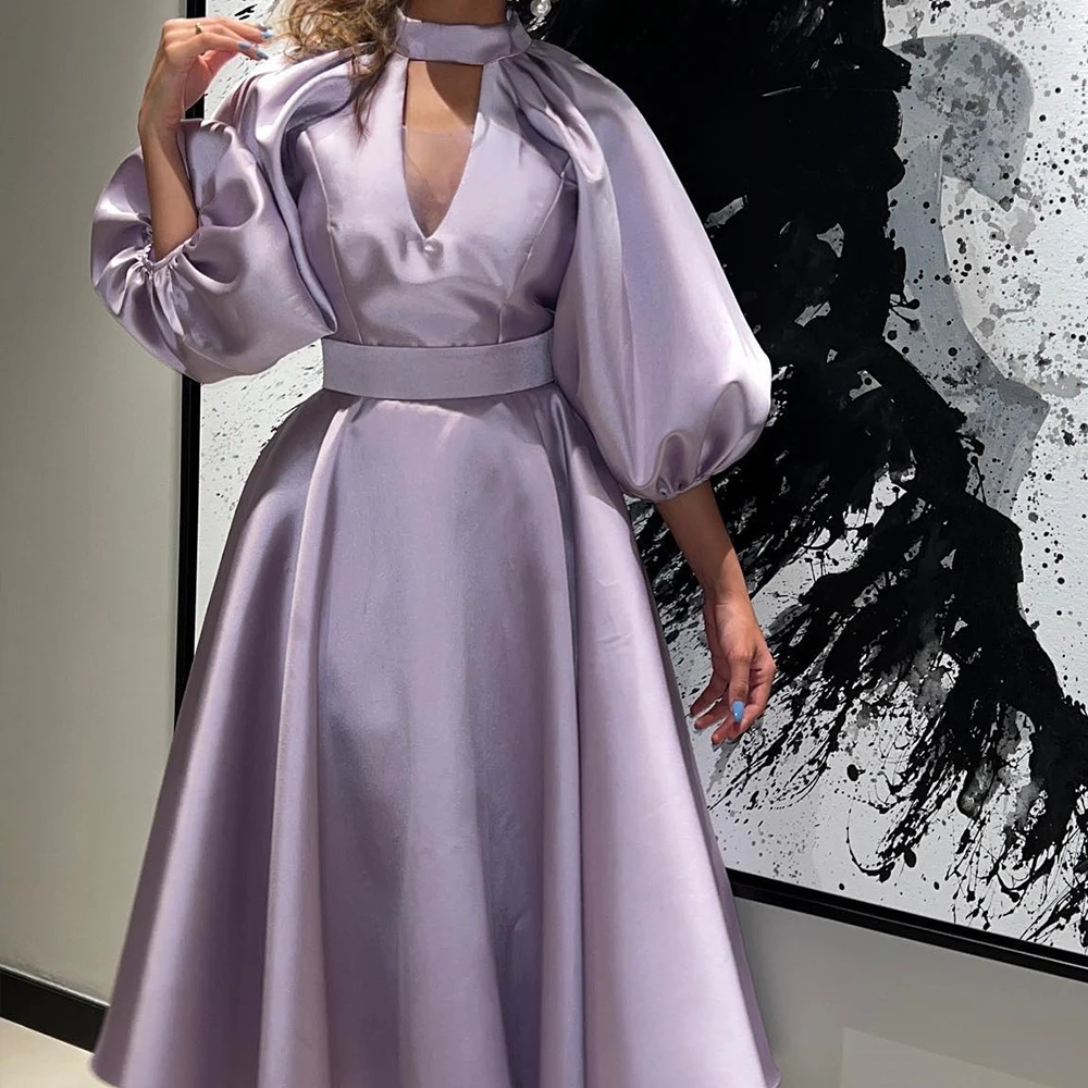 

Customized Graceful Crew Neck Tea Length Belt Evening Dress Modern A-Line Pleats Long Sleeves Purple Party Gown платье вечернее