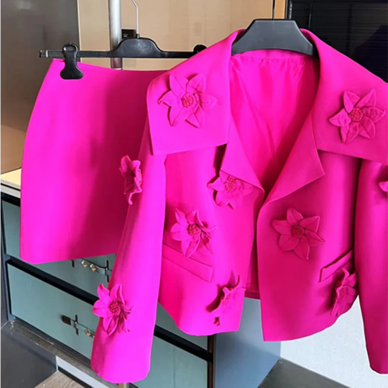 Rose Pinik Fashion Designer Jacket Women Stunning 3D Flowers Appliques Short Blazer + Mini Skirts 2023 Spring Summer New