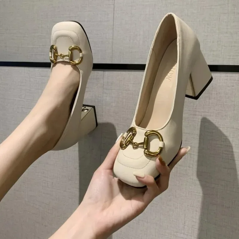 2024 New Style Women Matte Thick Heels Soft Pumps Summer Sandals Woman Retro Fashion Metal Buckle High Heels Lady Dress Shoes