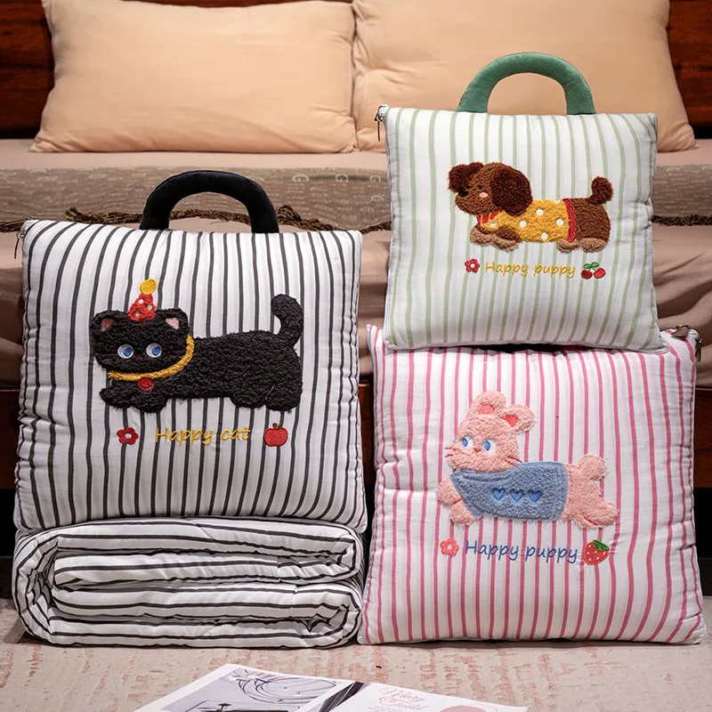 Cartoon Striped Pillow Blanket 2-in-1 Air Conditioner Quilt for Car Soft Breathable Multi-Use Nap Blanket Women Gift