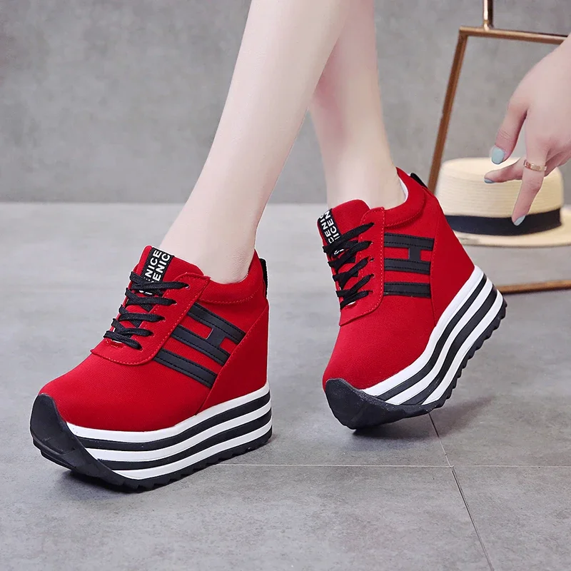 Women Sneakers Fashion Women 10CM Height Increasing Breathable Lace-Up Wedges Sneakers Platform Shoes Canvas Woman Casual Shoes