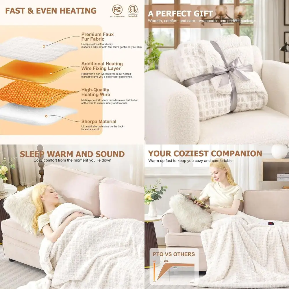 

62x84 Waffle Electric Blanket, 6 Heat & 10 Timer Options, Soft Faux Fur, ETL, Washable, Perfect Women's Gift (Ivory)