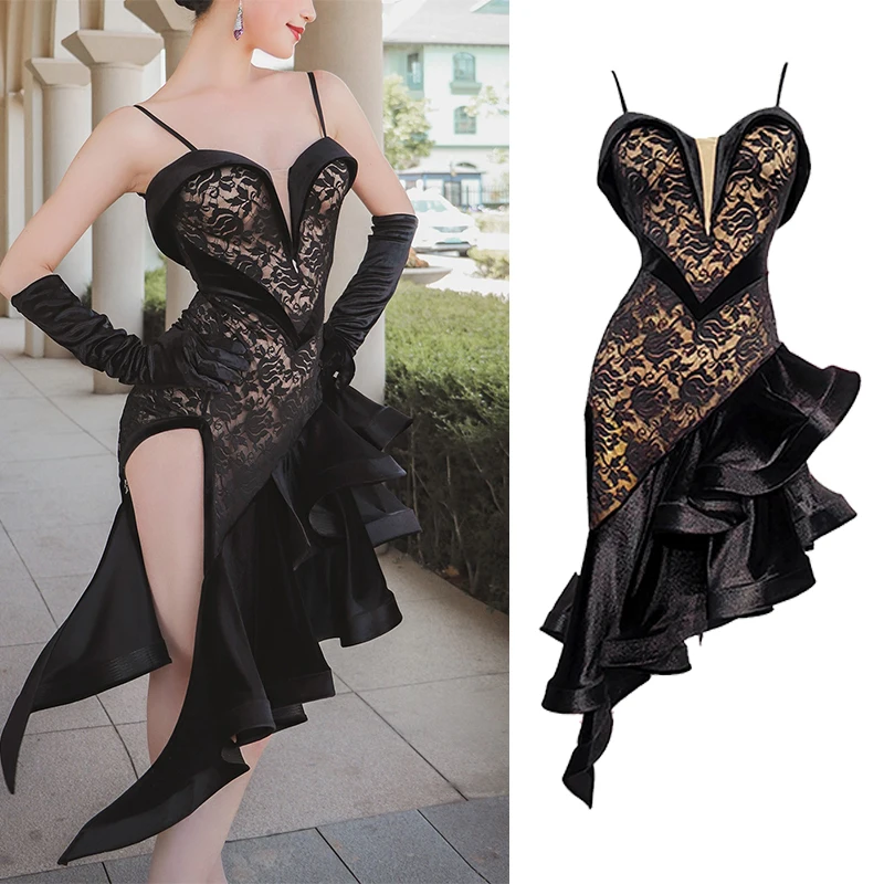 

2025 Latin Dance Dress Women Sexy Lace Print Strap Dress Performance Costumes Chacha Rumba Tango Adult Competition Dress DN21608