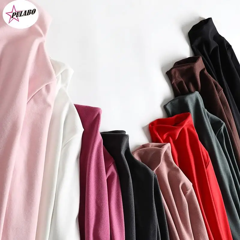 PULABO Autumn Winter Double Sided Half-Collar Shirt Women Velvet Long-Sleeve Slim T Shirt Close-fitting Padded Cotton Tops Tees