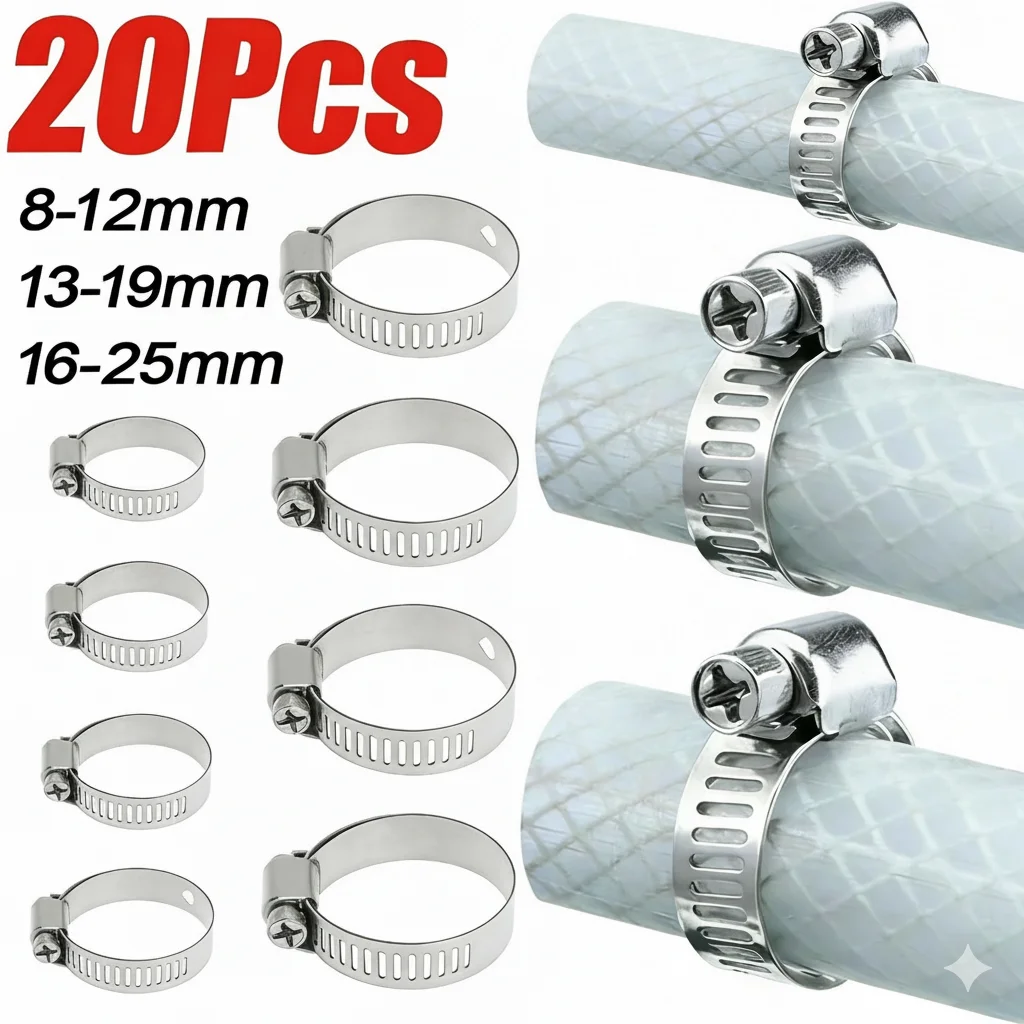 

20/10Pcs Hose Clips Pipe Clamps Stainless Steel Hoop Clamp Hose 304 Stainless Steel Automotive Pipes Clip Fixed Tool 6-29mm