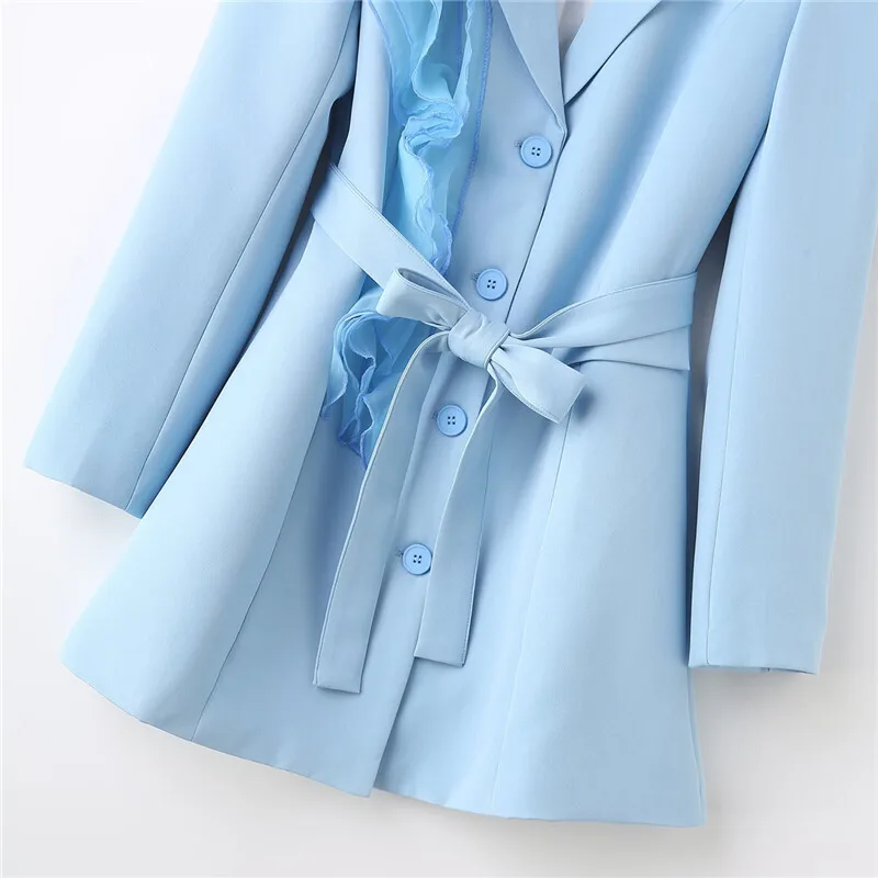 Korean Pleated Mesh Patchwork Light Blue Blazers Coat With Belt Women Spring Autumn Slim Notched Collar Long Sleeve Suit Jacket