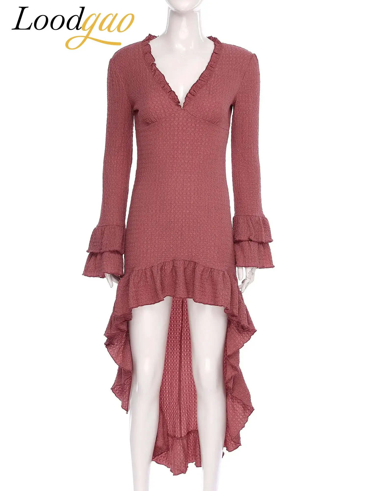 Women's Long Sleeve Boho Maxi Dress Cocktail Evening Party Gown Dress Spring Autumn Ethnic Retro Ruffle Irregular Evening Dress