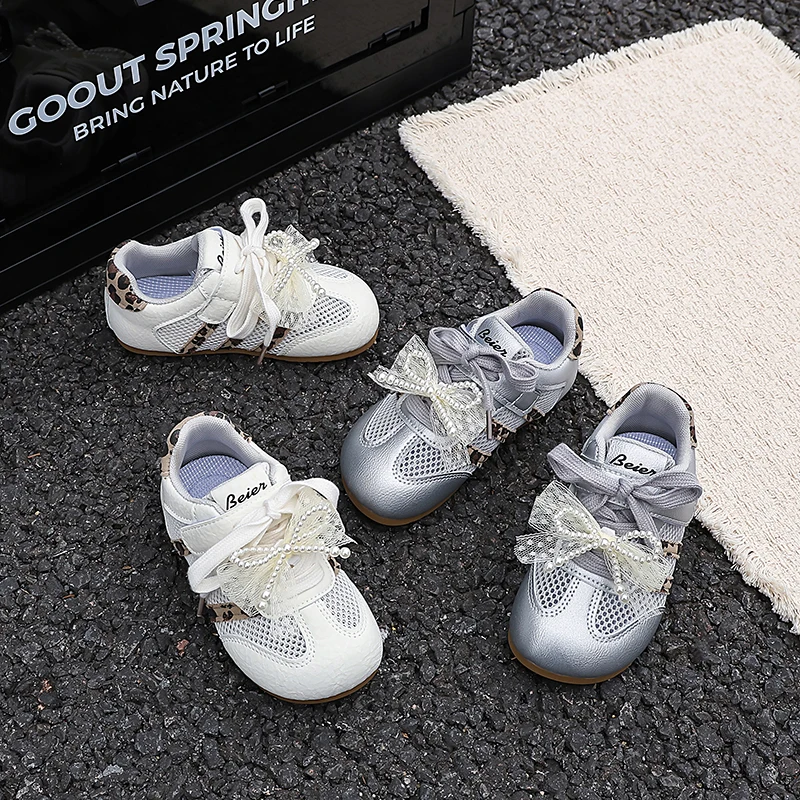 Kids'Casual Shoes Sneakers Mesh Bow Spring Shoes For Girls Anti-slip Breathable Soft Bottom White Silver Shoes Size 26-37
