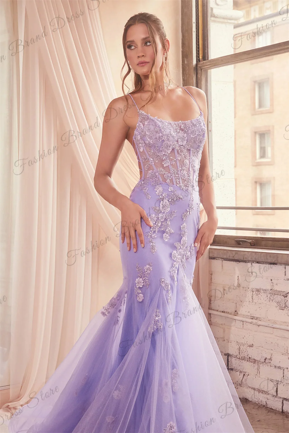 Tulle Spaghetti Strap Strapless Mermaid Evening Dresses Sheer Corset Sleeveless Prom Gown Lace Appliques Long Formal Ball Party